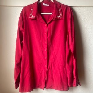Vintage Jantzen red long sleeve button down shirt with embroidered detail